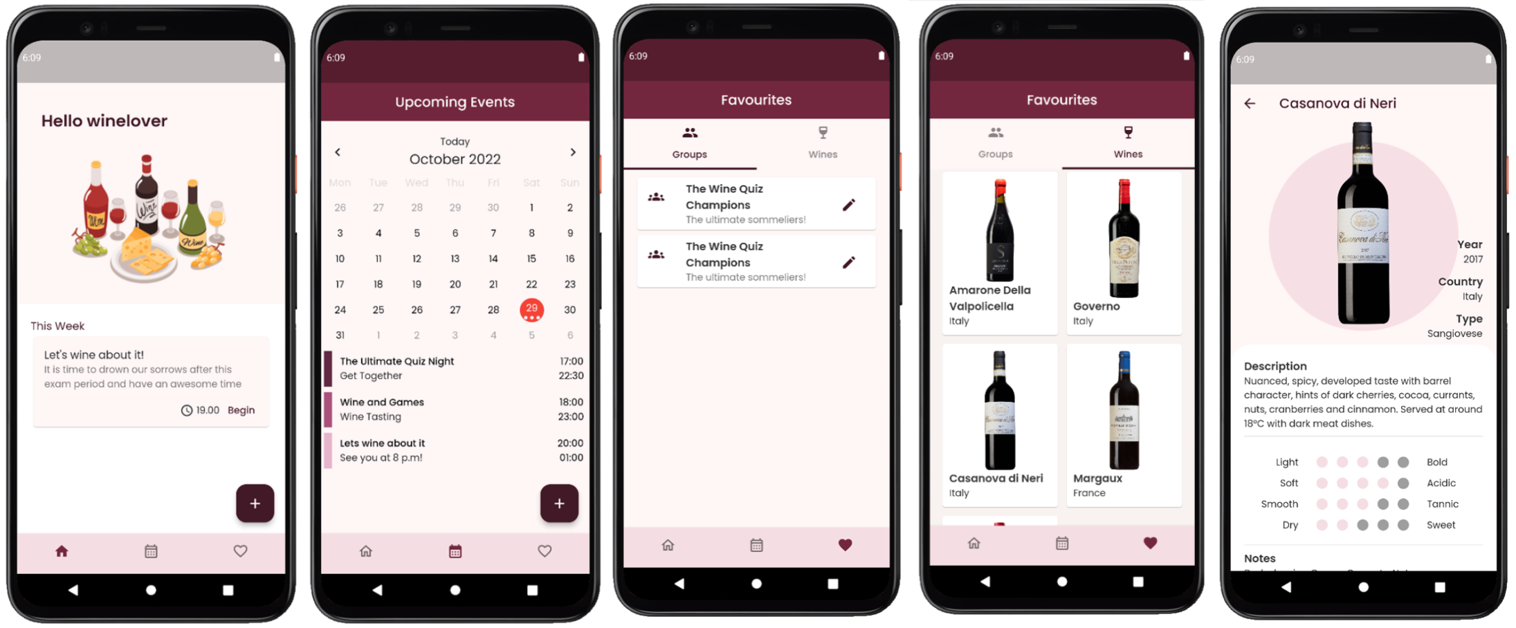 Mobile mockup of homepage, calendar and favorite wines screen