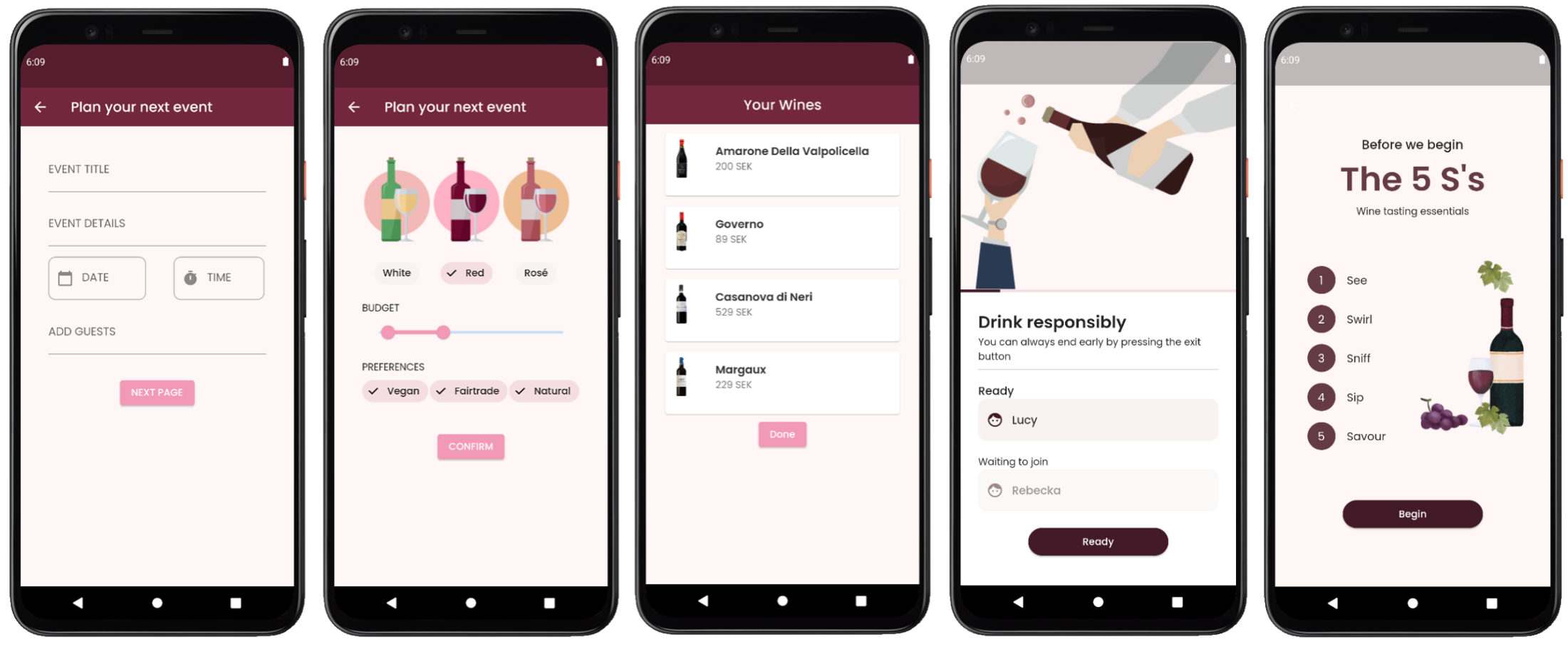 Mobile mockup of the screens for planning and starting a wine night