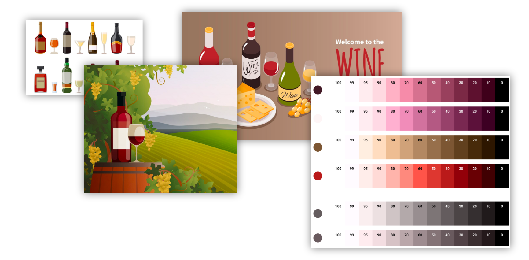 Moodboard with a color scheme and illustrative images of grapes, wine bottles and glasses